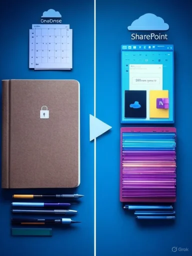 Split-screen showing OneNote on the left and SharePoint on the right with cloud icons.
