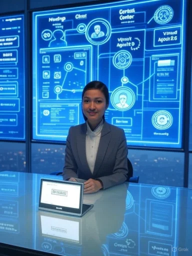 A woman in a gray suit sits at a glass desk with a tablet in a blue-lit high-tech control room. A woman in a gray suit sits at a glass desk with a tablet in a blue-lit high-tech control room.