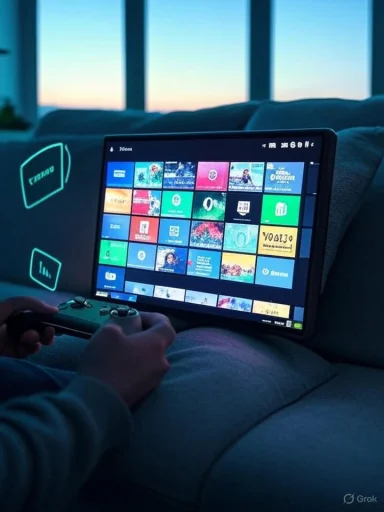 A handheld gaming tablet on a couch displays a colorful grid of game tiles while a person holds a controller. A handheld gaming tablet on a couch displays a colorful grid of game tiles while a person holds a controller.