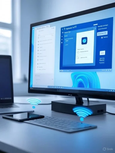 Modern desk setup with a monitor and a wireless display/docking dongle casting to the screen.
