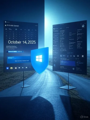 Two large screens on a road display Windows UI, framed by a glowing blue shield in the center.