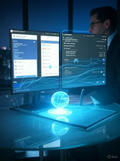 A man monitors holographic blue dashboards and a glowing globe on a desk.