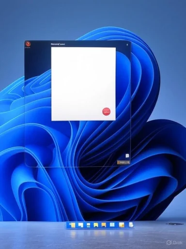 A monitor displays a white square document with a red sticker against a blue abstract wallpaper.