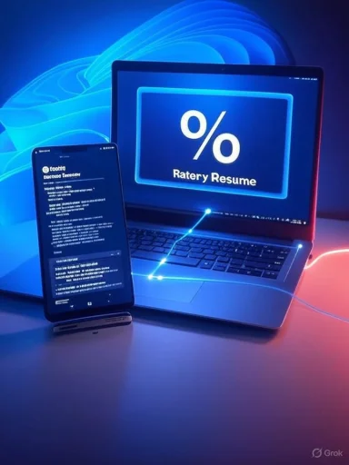 Blue-lit laptop and phone display a large percent symbol, suggesting a resume rating platform.