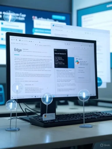 A desktop monitor displays a tech article, with glass globe markers on the desk in front. A desktop monitor displays a tech article, with glass globe markers on the desk in front.