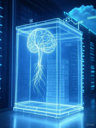 A neon-blue hologram of a neural tree inside a transparent server cabinet.