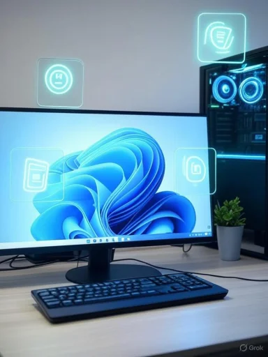 A sleek desk setup with a curved monitor, keyboard, blue-LED PC tower, and floating holographic icons.