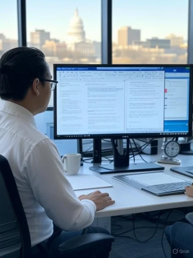 Office worker at a dual-monitor desk with city skyline visible through the window. Office worker at a dual-monitor desk with city skyline visible through the window.