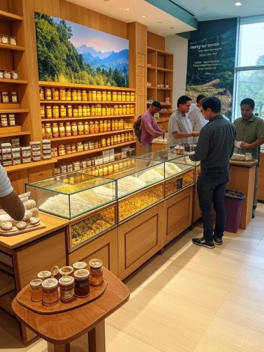 Bright wooden spice shop with glass display cases, shelves full of jars, and customers browsing.