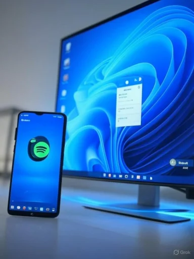 A smartphone displaying the Spotify app sits beside a large blue computer monitor on a clean desk.