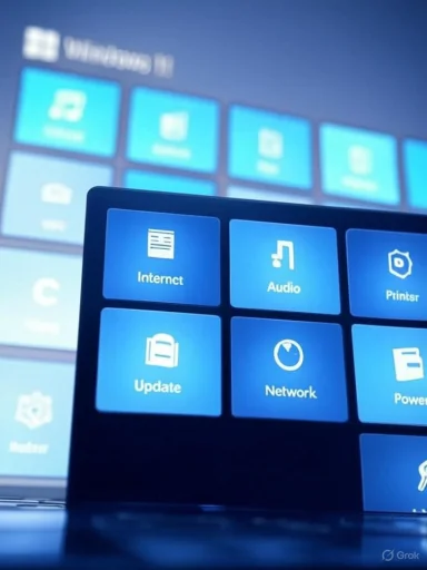Close-up of a blue tile-based Windows interface showing Internet, Audio, Update, and Network.