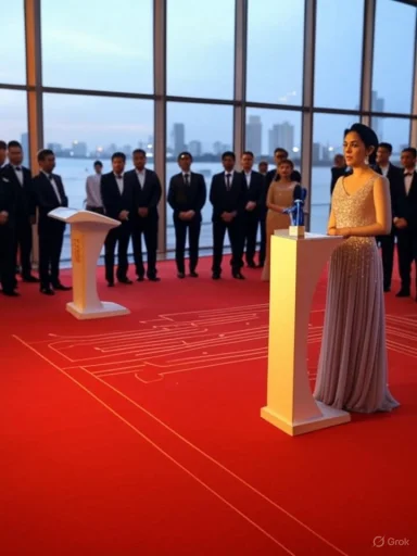 A formal awards ceremony on a red carpet, with a presenter at a podium and suited attendees.