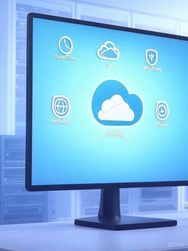 A computer monitor displays a blue desktop with a large cloud-loading icon and several app icons. A computer monitor displays a blue desktop with a large cloud-loading icon and several app icons.