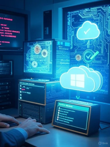 A futuristic data center with holographic cloud icons and a person typing at a console.