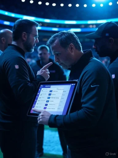 Coaches in dark jackets study a tablet during a blue-lit team briefing.