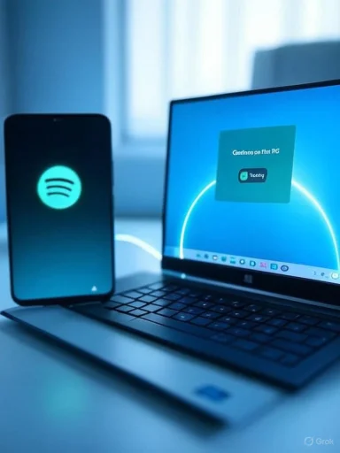 Blue-lit desk setup with a laptop beside a smartphone showing Spotify. Blue-lit desk setup with a laptop beside a smartphone showing Spotify.