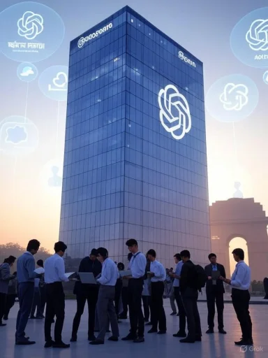 Professionals stand outside a tall glass tower adorned with tech logos and floating icons.