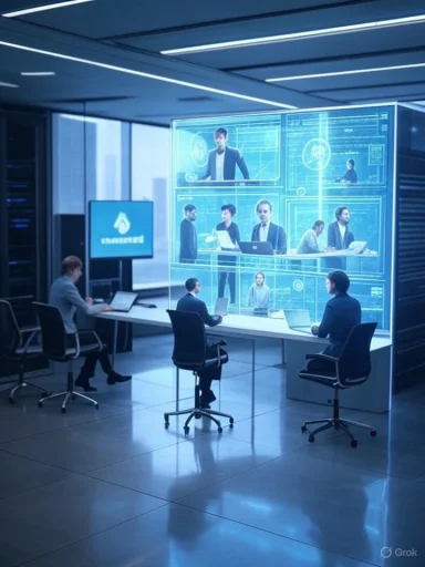 A futuristic meeting room with a glass wall of holographic screens and a team at a long table. A futuristic meeting room with a glass wall of holographic screens and a team at a long table.