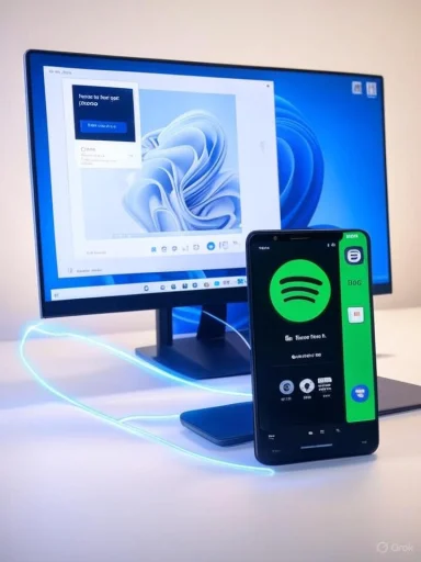 Smartphone displaying Spotify beside a computer monitor with blue wallpaper, connected by a glowing blue cable.
