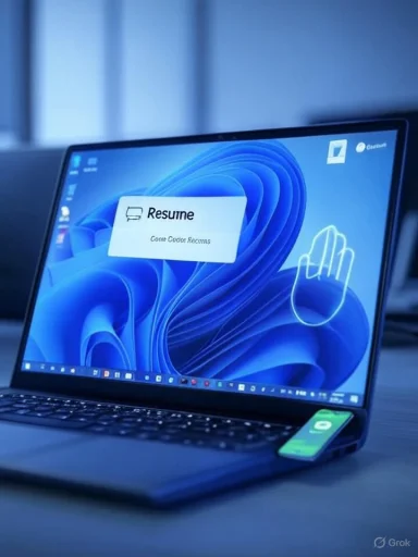 Laptop screen shows a Resume pop-up over a blue abstract wallpaper, with a phone resting on the edge.