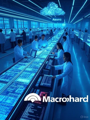 Futuristic data lab with scientists at glowing blue consoles under a cloud icon and Macrohard branding. Futuristic data lab with scientists at glowing blue consoles under a cloud icon and Macrohard branding.