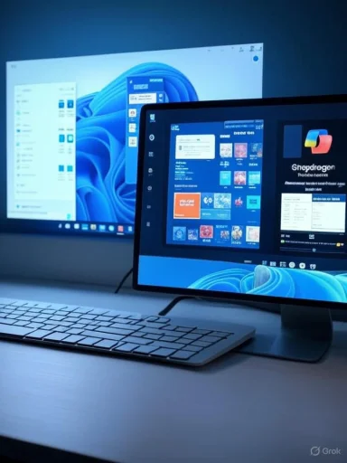 A dual-monitor workspace with a keyboard, showing blue Windows UI. A dual-monitor workspace with a keyboard, showing blue Windows UI.