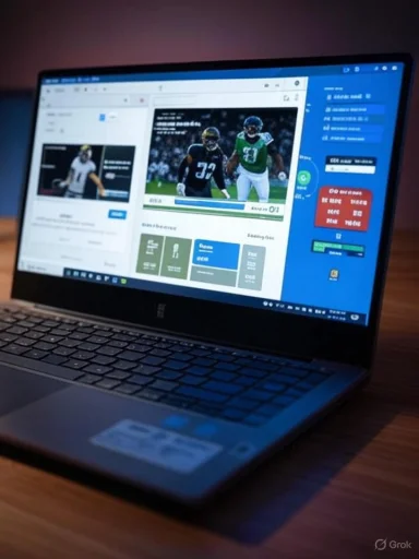 A laptop on a wooden desk displays a colorful sports dashboard with football images.