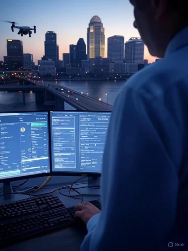 A drone flies past a city skyline as a technician monitors flight data on three computer screens.