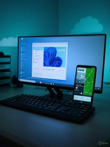 A desktop setup with a monitor, keyboard, and a phone on a stand displaying apps.