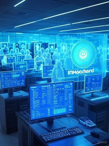 Futuristic data center with blue holographic screens and numerous glowing silhouettes.