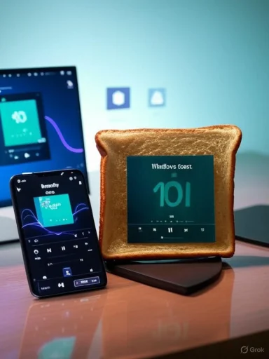 A slice of toast with a built-in display playing music, beside a phone and laptop.
