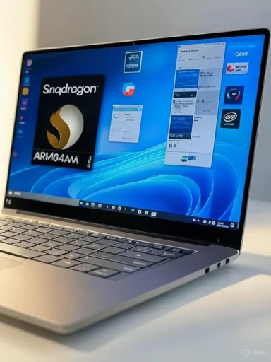 A slim silver laptop displays a Windows desktop with a Snapdragon ARM promo tile.