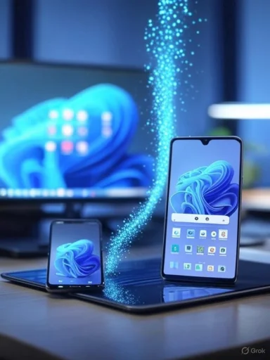 Two blue smartphones sit on a glossy surface, linked by a glowing blue particle trail. Two blue smartphones sit on a glossy surface, linked by a glowing blue particle trail.