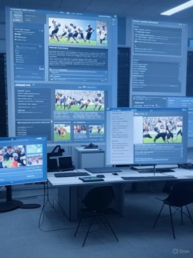 A high-tech control room filled with multiple blue screens showing sports footage.