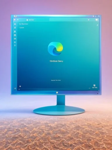 A blue monitor on a stand glows with a teal gradient wallpaper.