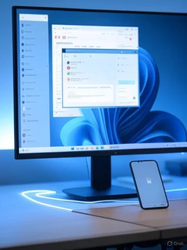 A monitor displays Windows apps on a blue wallpaper, with a smartphone resting on the desk.