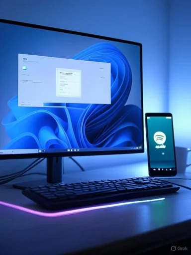 A modern desk setup with a large monitor, neon-lit keyboard base, and a Spotify screen on the phone.