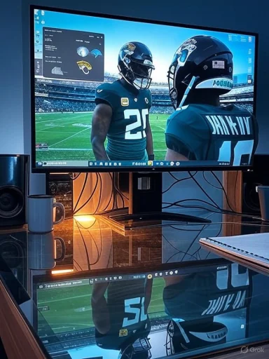 Two football players in teal jerseys stand on a stadium field displayed on a computer monitor.