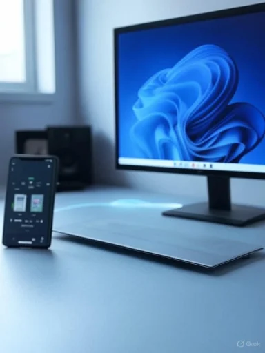 A clean desk setup with a large monitor, a closed laptop, and a smartphone on the left. A clean desk setup with a large monitor, a closed laptop, and a smartphone on the left.