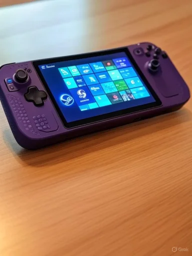 A purple handheld gaming console showing a Windows tile interface on its screen.