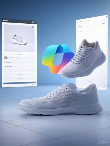 White athletic sneakers float in a futuristic digital showroom with large screens. White athletic sneakers float in a futuristic digital showroom with large screens.