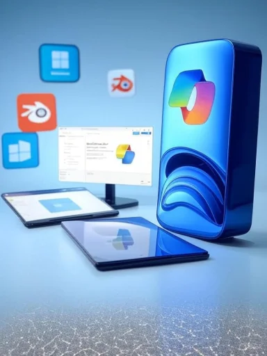 A blue glossy tech box sits among tablets and a monitor displaying colorful app icons. A blue glossy tech box sits among tablets and a monitor displaying colorful app icons.