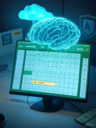 A neon-blue brain hologram floats above a computer screen displaying a crossword-style grid.