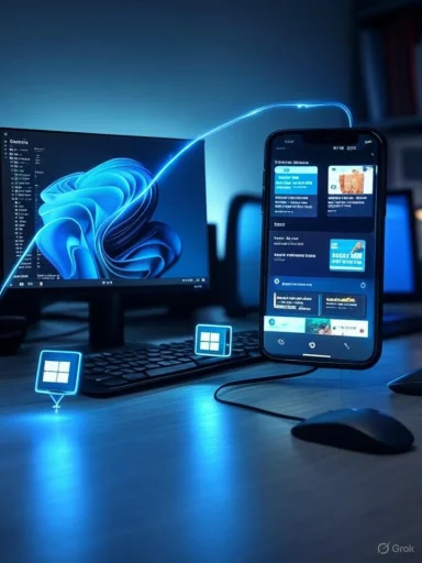 A futuristic desk setup where a smartphone is connected to a monitor by a blue neon arc. A futuristic desk setup where a smartphone is connected to a monitor by a blue neon arc.