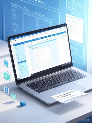 A laptop displays a UI design on screen with floating icons against a blue blueprint background. A laptop displays a UI design on screen with floating icons against a blue blueprint background.