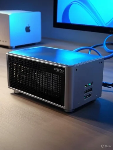 A compact silver mini PC sits on a desk, glowing blue, with a Mac mini in the background.