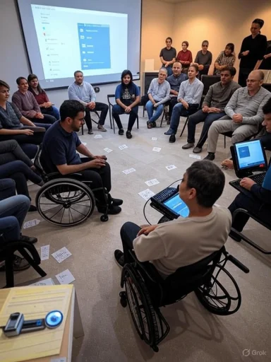 People in wheelchairs and others form a circle around a presentation in a conference room.