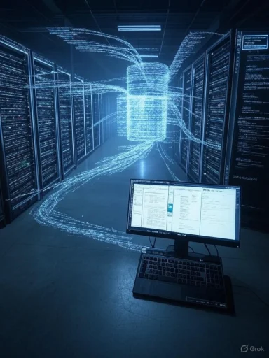 Blue holographic data streams swirl around a central server core in a dim data center.