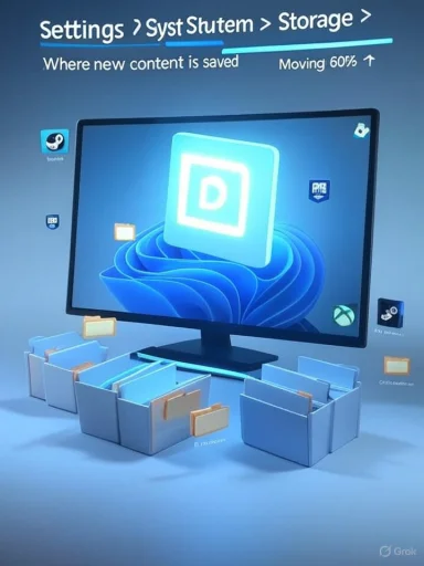 A computer monitor surrounded by blue filing folders, illustrating digital storage and file organization.