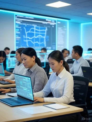 Two analysts work on laptops in a high-tech control room with large data graphs on screens.